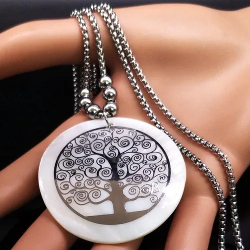 Vista 4 de 2023 Tree Of Life Shell Stainless Steel Necklaces Women Silver Color Long Necklaces Pendants Jewelry Bisuteria Mujer