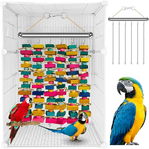Vista 10 de Juguetes de pájaros extra grandes para guacamayos, bloques de madera multicolor juguete para masticar pájaros, jaula de loro, juguete de mordida