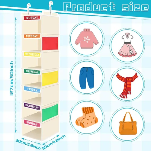 Vista 2 de Amylove Organizador semanal de ropa para niños, 2 piezas, con 7 estantes, organizador colgante de armario de 11.8 x 11.8 x 50 pulgadas, actividades