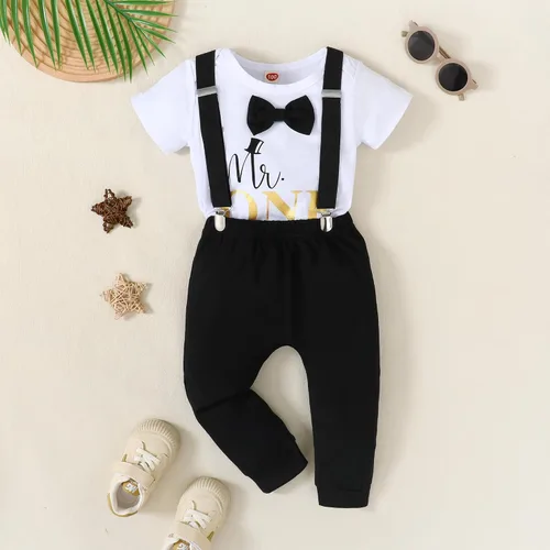 Vista 6 de Conjunto divertido de ropa de primer cumpleaños para bebé niño, con corbatín y estampado de dinosaurio, conjunto de pantalones con tirantes