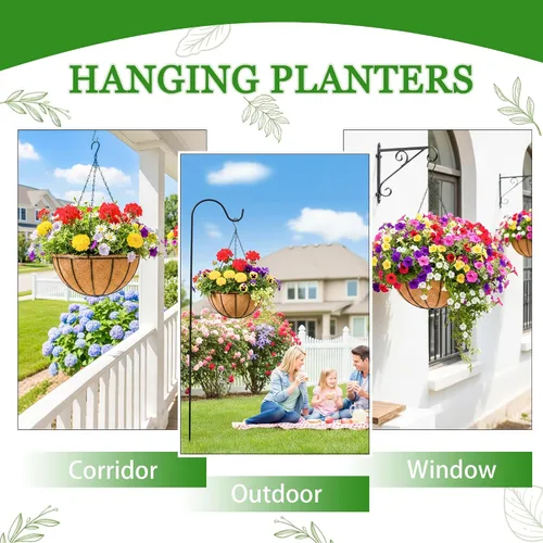 Vista 7 de Macetas colgantes para plantas de exterior, paquete de 4 cestas colgantes de metal de 12 pulgadas con forro de fibra de coco y alambre para plantas
