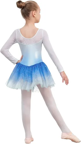 Vista 2 de EQSJIU Longsleeve Ballet Leotard with Tutu Skirt for Girls Dance Gymnastics Toddlers Sparkly Snowflake Party Dress Kids
