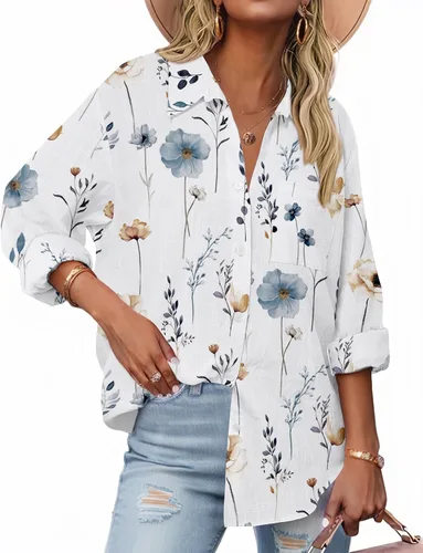 Vista 22 de Zeagoo - Blusas de lino con botones para mujer, de gasa, algodón, manga larga, blusas informales con cuello, corte holgado