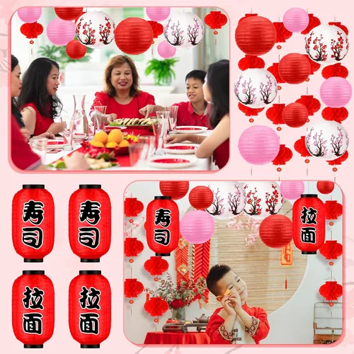 Vista 6 de Tuanse 40 linternas de papel japonesas chinas decorativas LED con flor de cerezo rojo chino para interiores y exteriores (rojo, rosa)