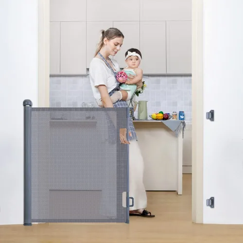 Vista 9 de COMOMY - Puerta retráctil para bebé para escaleras, puerta de malla de 0-55" para mascotas para puertas y pasillos de la casa, puerta de seguridad