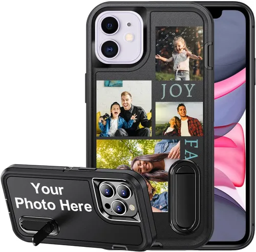 Vista 17 de Funda personalizada para iPhone 11, funda con soporte integrado y soporte, protección resistente a los arañazos, funda de fotos personalizada, haz