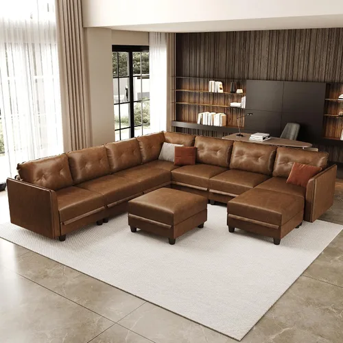 Vista 3 de LLappuil Sofá modular de piel sintética de 9 plazas con almacenamiento, sofá cama convertible en forma de U con diván, impermeable y agradable al