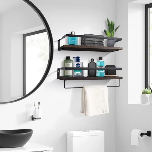 Vista 4 de Uten Estantes flotantes, juego de 2 estantes de pared, montaje en pared para baño, dormitorio, cocina, estante de baño con toallero, estructura