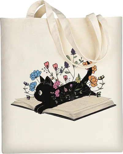 Vista 8 de AUSVKAI Bolsa de lona estética para mujer, lindas bolsas de algodón reutilizables de tela para compras, playa, comestibles, Libro de flores de gato