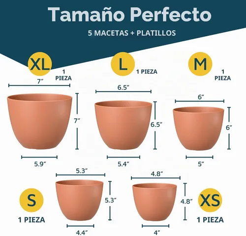 Vista 2 de Terracotta Plant Pots with Drainage Holes & Saucers 5 Pack, Indoor & Outdoor Stackable Space-Saving Planters for Houseplants & Flowers