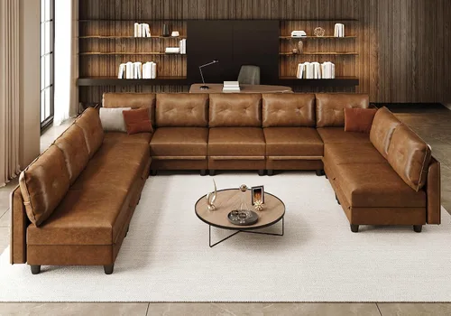 Vista 11 de LLappuil Sofá modular de piel sintética de 9 plazas con almacenamiento, sofá cama convertible en forma de U con diván, impermeable y agradable al