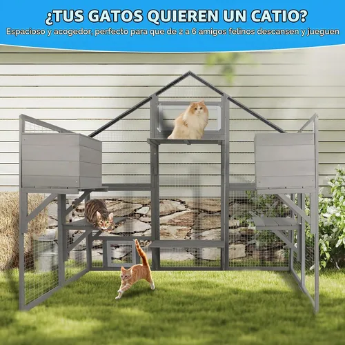 Vista 6 de Gowoodhut Recinto Exterior para Gatos Catio de 69.9"L para Múltiples Gatos, Refugio de Madera Walk In para Gatos con 2 Cajas de Descanso, 6