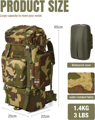 Vista 4 de Mochila táctica de senderismo de camuflaje grande 65L