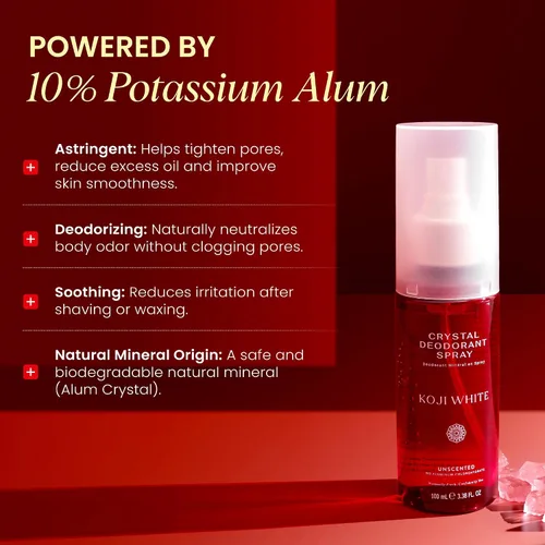 Vista 4 de Koji White Even Tone Desodorante Desodorante de sal en aerosol de cristal para mujeres, desodorante sin perfume para pieles sensibles, piedra