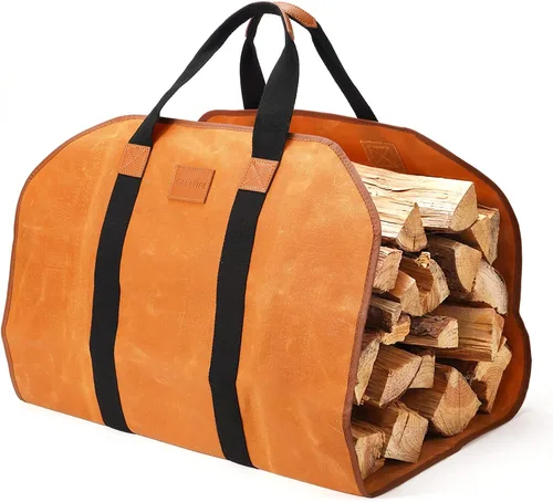 Vista 9 de Transportador de madera para leña con asas, bolsa honda plegable de lona de 16 onzas para leña, bolsa de transporte de troncos pesados de calidad