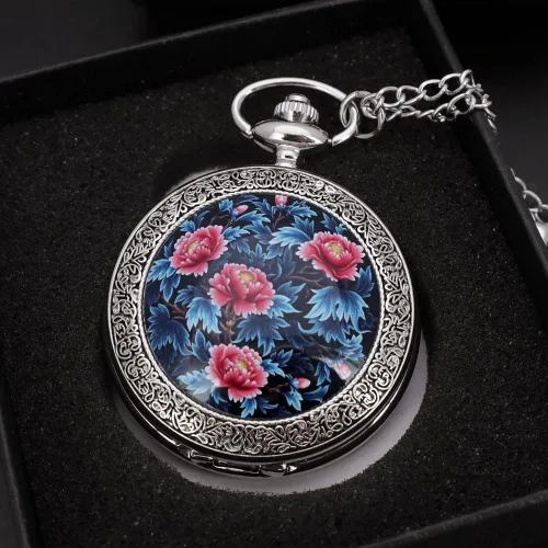 Vista 4 de VIGOROSO Cuarzo Hermoso Peony Bird Esmalte Pintura Steampunk Relojes de bolsillo de plata en caja