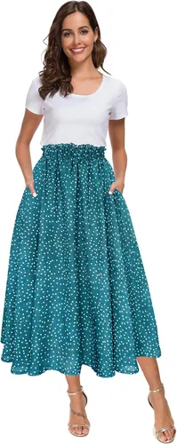 Vista 16 de Afibi Falda de gasa con estampado floral de cintura alta para mujer, estilo swing, de playa, midi, larga con bolsillos Negro