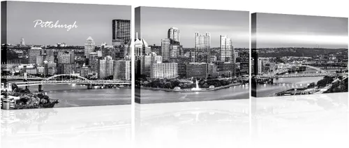 Vista 32 de TUMOVO 3 piezas de arte de pared en lienzo con diseño de horizonte de Atlanta, arte de pared panorámico de paisaje urbano en blanco y negro