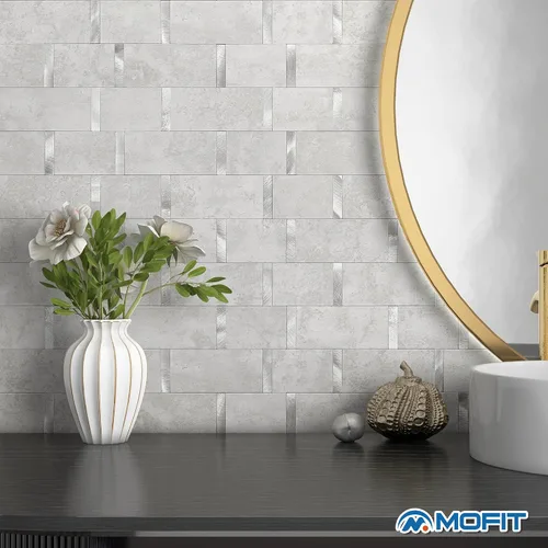 Vista 2 de Azulejos de Metro de Cocina Mate Peel and Stick Backsplash Azulejos Autoadhesivos para Pared de Baño Impermeables Paneles de Mosaico de Metal y Gris
