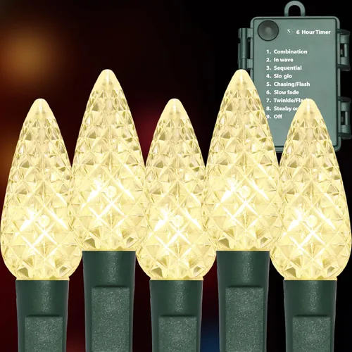 Vista 11 de 50 luces LED C6, alambre verde, estuche de batería impermeable, funciones múltiples, temporizador, blanco frío