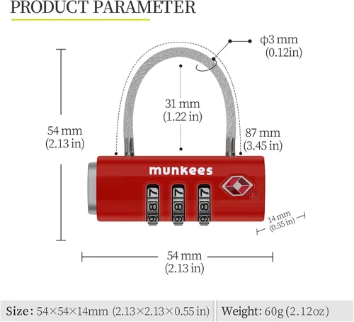 Vista 5 de munkees Cerradura de equipaje aprobada por la TSA, combinación de 3 dígitos, construcción de metal (rojo)