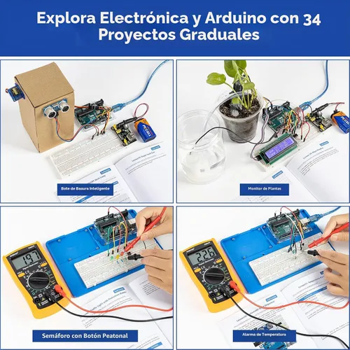 Vista 6 de Kit de iniciación Inventor Lab de SunFounder con placa Arduino Uno R3 REV3 original, multímetro, 34 proyectos, soporte para protoboard RAB, batería