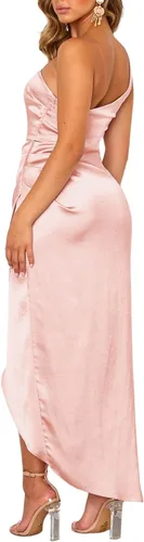 Vista 2 de Vrtige Vestido midi de satén de satén con un hombro descubierto, fruncido, sin mangas, dobladillo cruzado, para cóctel
