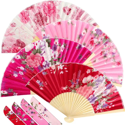 Vista 13 de Zonon 4 Pack de abanicos de mano florales plegables, abanicos de seda de bambú con borla para mujer, abanico de mano hueco plegable con funda