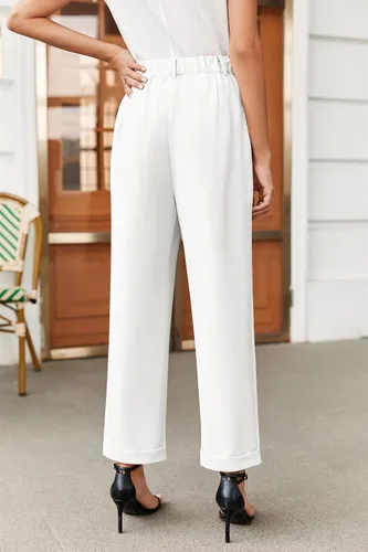 Vista 3 de Febriajuce Pantalones de vestir de cintura alta elástica para mujer, pantalones de trabajo plisados con botones, pantalones de trabajo de pierna