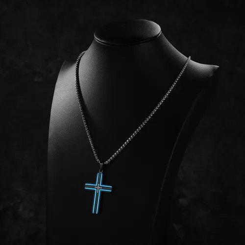 Vista 6 de Holizaly Collar de cruz para hombre, colgante de acero inoxidable 316L, color blanco, dorado, negro, azul, caja de regalo incluida