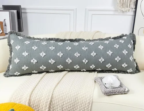 Vista 4 de Funda de almohada lumbar larga bohemia de 12 x 36 pulgadas con flecos de borlas, funda de almohada lumbar extra decorativa con patrón de flores 3D