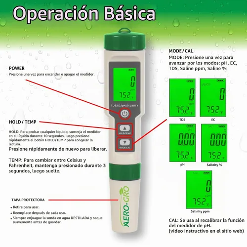 Vista 3 de Medidor digital 5 en 1: 5 funciones: pH, TDS, EC, % de salinidad, salinidad ppm y temperatura, impermeable IP67, probador tipo bolígrafo