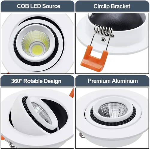 Vista 4 de Luz empotrable LED cardán de globo ocular de 2 pulgadas, 3 W (equivalente a halógeno de 35 W), foco empotrable ajustable regulable, blanco ultra