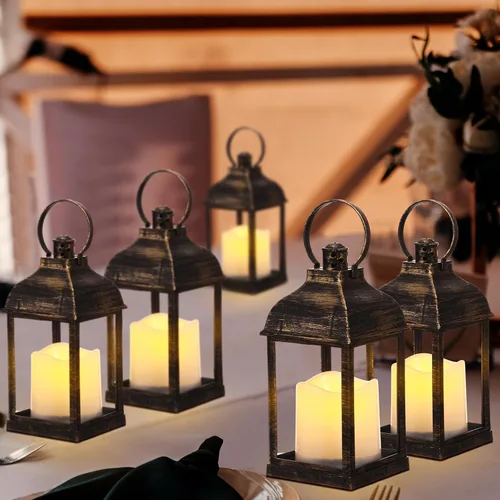 Vista 6 de 8 faroles decorativos de bronce oscuro de 10 pulgadas a granel para centros de mesa de boda, faroles de bronce con vela LED sin llama