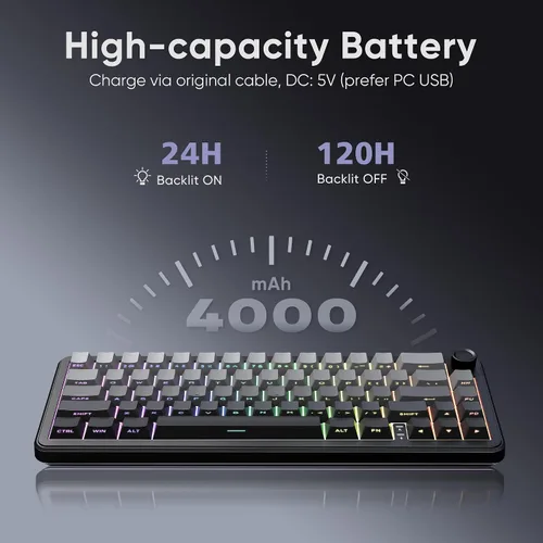 Vista 7 de RedThunder Teclado mecánico inalámbrico para juegos K65, conexión de modos de viaje, teclado de intercambio en caliente personalizado de junta