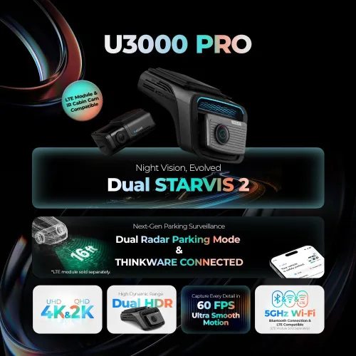 Vista 2 de Thinkware 4K Cámara de tablero dual U3000 PRO, frontal y trasera con Sony STARVIS 2, estacionamiento por radar, visión nocturna súper 4.0, Wi‑Fi