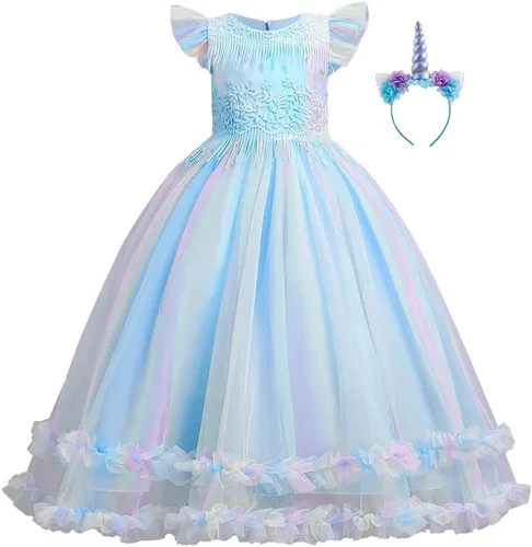 Vista 9 de Vestido de cumpleaños de princesa arcoíris de unicornio para niñas, disfraz de carnaval, fiesta de Navidad, vestido largo con diadema C002 Rainbow