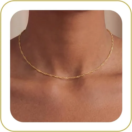 Vista 12 de Tewiky - Collar de Cadena de Oro para Mujer, Chapado en Oro de 14 Quilates, Collar de Cuentas Finas con Forma de Ola, Collar Delicado de Oro Capa
