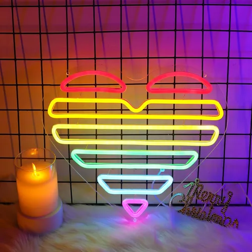 Vista 8 de ENUOLI Letrero de neón de corazón acrílico, letreros de neón de corazón arcoíris para decoración de pared, lámpara de decoraciones regulable