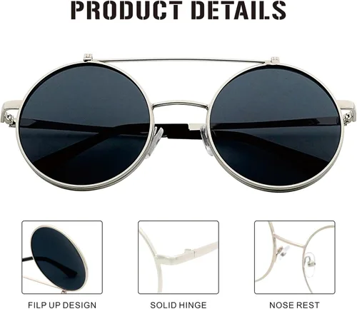 Vista 4 de J&L Glasses Gafas de sol redondas retro abatibles Seampunk