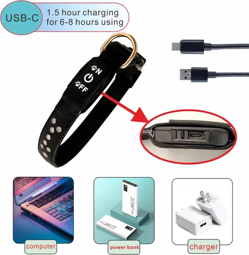 Vista 4 de Collar de perro LED, 15 modos de luz, USB-C recargable, collar de perro con luz brillante (negro, S (7.87-11.8 pulgadas)