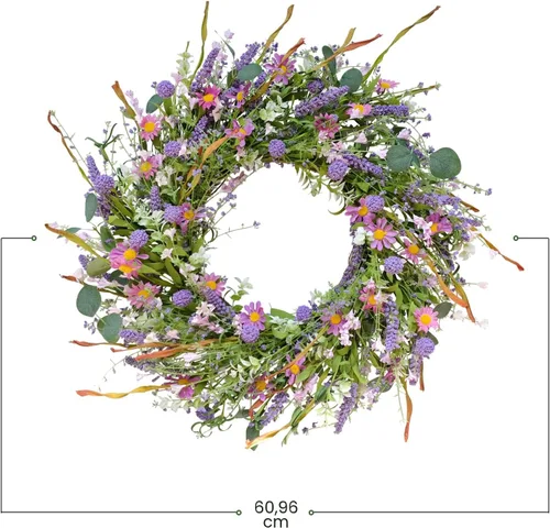Vista 7 de Corona de flores silvestres de primavera y uso diario de 24 pulgadas para puerta delantera, hojas verdes mixtas y corona de flores