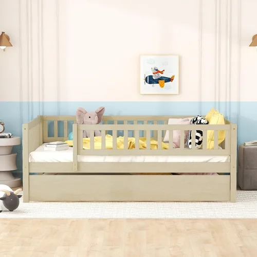 Vista 15 de Cama de plataforma para niños de tamaño individual con valla de seguridad con nido, plataforma multifuncional de madera maciza, marco de cama