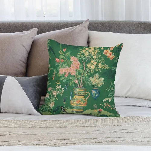 Vista 4 de Funda de almohada tradicional de jarrón Ming verde chinoiserie, funda de cojín asiática de 18 x 18 pulgadas, funda de almohada decorativa de jarrón