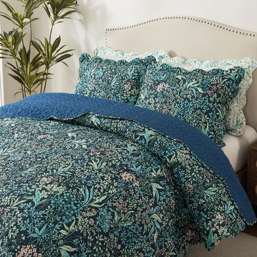 Vista 28 de HoneiLife - Juego de edredón de 3 piezas, colcha ligera de microfibra, diseño de flores silvestres, cubrecamas ligero y botánico, para todas