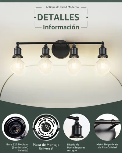 Vista 4 de Lámpara de tocador de 4 luces, aplique industrial de pared negra, lámpara de pared de baño de granja, lámpara de pared con base E26 vintage