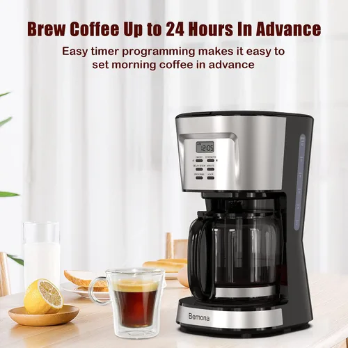 Vista 3 de Cafetera de 12 tazas, cafetera de goteo programable con jarra de vidrio y filtro permanente, mantiene el calor automático, ventana de agua, cafetera