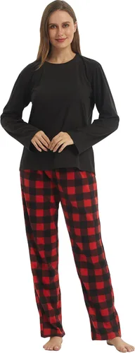 Vista 2 de YUSHOW Pijamas a juego para parejas, conjunto de pijama a cuadros para mujeres y hombres, conjunto de camisa de forro polar suave y cálido
