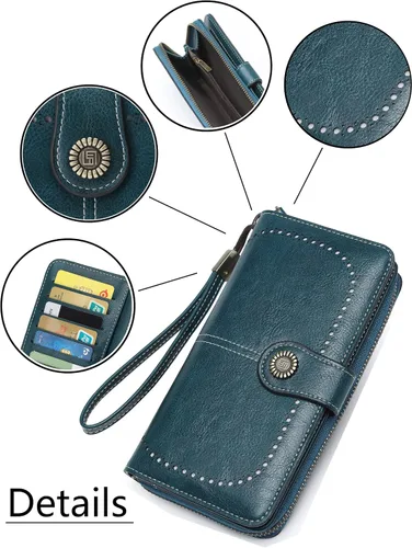 Vista 4 de Billetera de cuero para mujer, de gran capacidad, con cremallera, cartera con cremallera para mujer, 1-azul pavo real, L, Moderno