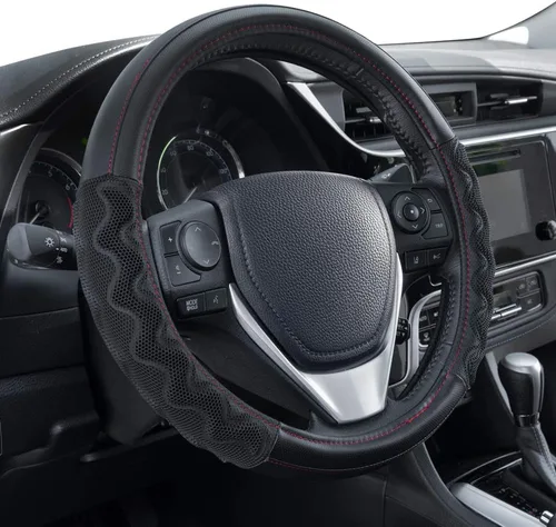 Vista 26 de Motor Trend GripDrive - Funda de cuero negro sintético para volante de automóvil, camión, camioneta, SUV, tamaño pequeño de 14 pulgadas, funda